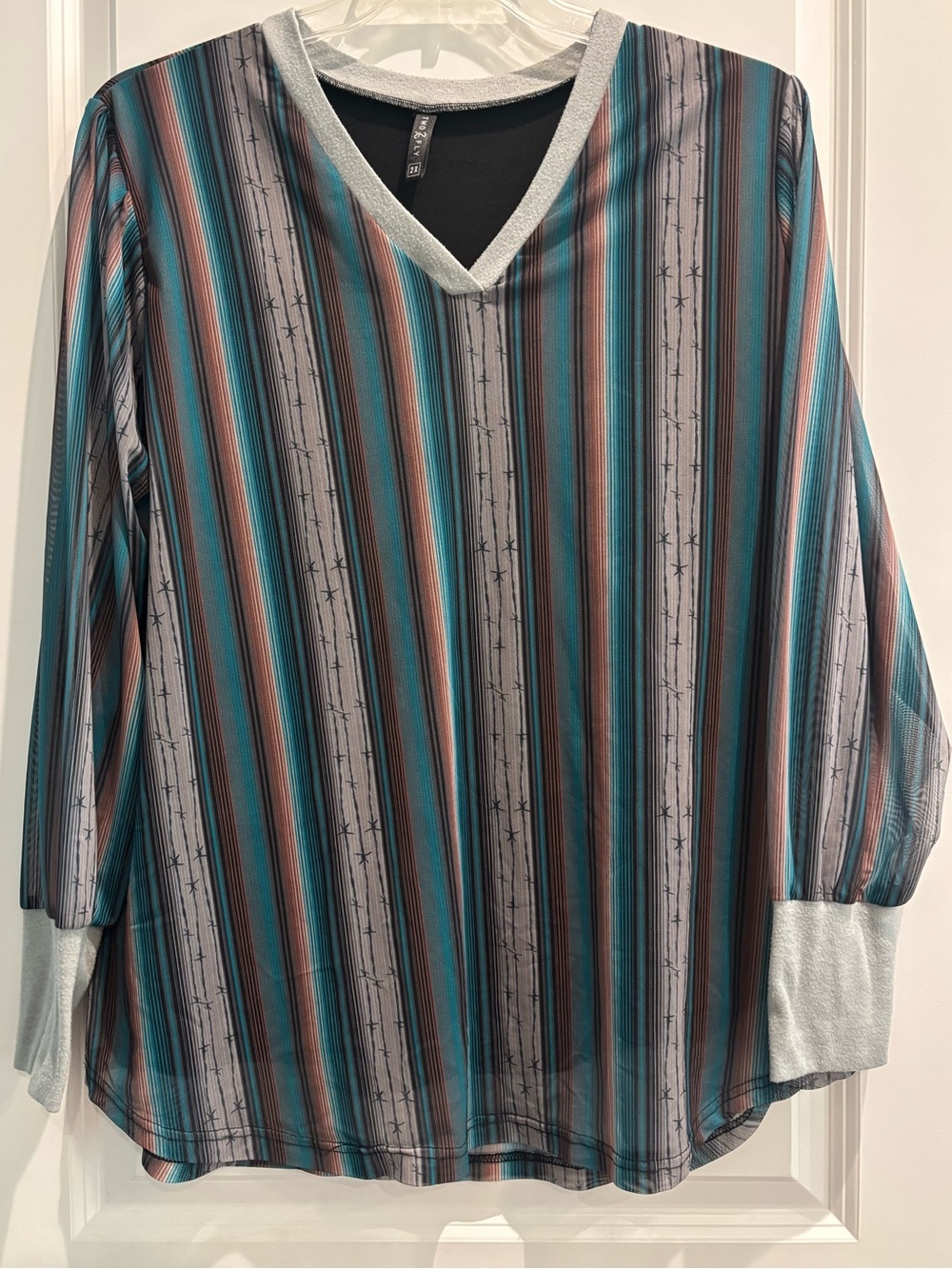 Two Fly 2X Western Serape V-Neck Top Turquoise Stripe Boutique Blouse
